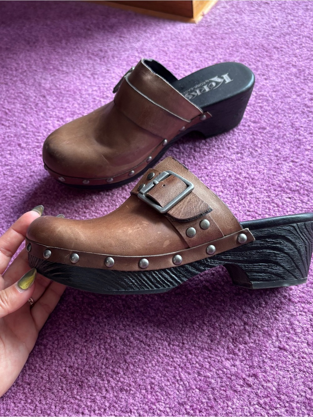 Korks Brown Leather Studded Buckle Clog Mule